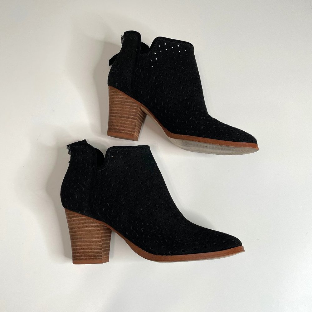 Marc Fisher Suede Ankle Bootie Stacked 3 1/2" Heel Laser Cut Zip Back